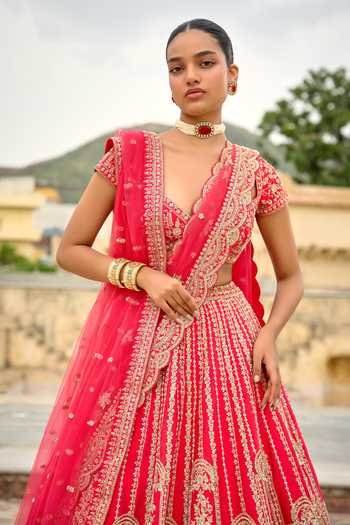 Kalighata Pink Silk Sweetheart Neck Omaya Bridal Lehenga Set Online at Aza Fashions Kalighata_Pink Silk Sweetheart Neck Omaya Bridal Lehenga Set _Online_at_Aza_Fashions