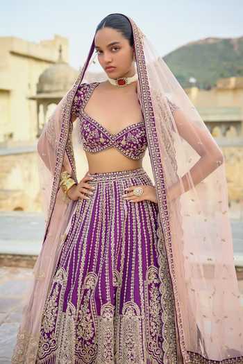 Kalighata Purple Silk V-neck Omaya Embroidered Lehenga Set Online at Aza Fashions Kalighata_Purple Silk V-neck Omaya Embroidered Lehenga Set _Online_at_Aza_Fashions
