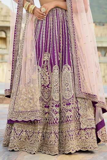 Buy Kalighata Purple Silk V-neck Omaya Embroidered Lehenga Set Online at Aza Fashions Buy_Kalighata_Purple Silk V-neck Omaya Embroidered Lehenga Set _Online_at_Aza_Fashions