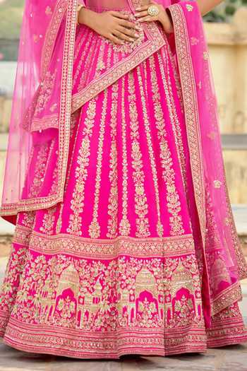 Kalighata Pink Silk V-neck Rohini Bridal Lehenga Set Online at Aza Fashions Kalighata_Pink Silk V-neck Rohini Bridal Lehenga Set _Online_at_Aza_Fashions