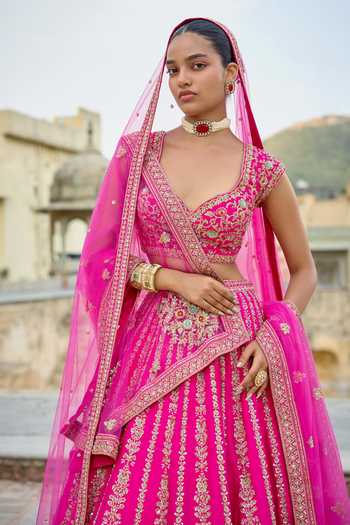 Buy Kalighata Pink Silk V-neck Rohini Bridal Lehenga Set Online at Aza Fashions Buy_Kalighata_Pink Silk V-neck Rohini Bridal Lehenga Set _Online_at_Aza_Fashions