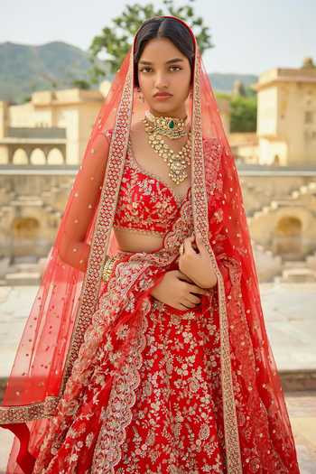 Buy Kalighata Red Silk Sweetheart Neck Satvika Bridal Lehenga Set Online at Aza Fashions Buy_Kalighata_Red Silk Sweetheart Neck Satvika Bridal Lehenga Set _Online_at_Aza_Fashions