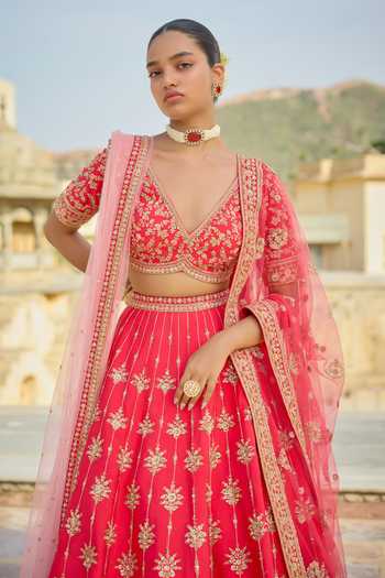 Kalighata Pink Silk V-neck Shanaya Bridal Lehenga Set Online at Aza Fashions Kalighata_Pink Silk V-neck Shanaya Bridal Lehenga Set _Online_at_Aza_Fashions