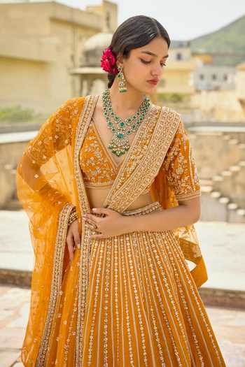 Kalighata Rust Silk V-neck Shruti Embroidered Lehenga Set Online at Aza Fashions Kalighata_Rust Silk V-neck Shruti Embroidered Lehenga Set _Online_at_Aza_Fashions