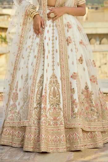 Buy Kalighata Ivory Silk V-neck Yamuna Bridal Lehenga Set Online at Aza Fashions Buy_Kalighata_Ivory Silk V-neck Yamuna Bridal Lehenga Set _Online_at_Aza_Fashions
