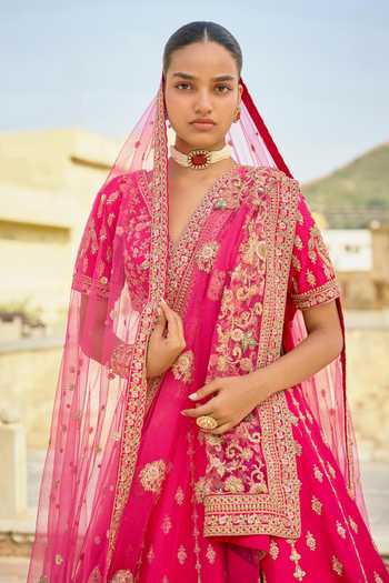Kalighata Pink Silk V-neck Yamuna Bridal Lehenga Set Online at Aza Fashions Kalighata_Pink Silk V-neck Yamuna Bridal Lehenga Set _Online_at_Aza_Fashions
