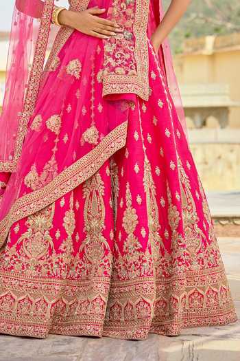 Buy Kalighata Pink Silk V-neck Yamuna Bridal Lehenga Set Online at Aza Fashions Buy_Kalighata_Pink Silk V-neck Yamuna Bridal Lehenga Set _Online_at_Aza_Fashions