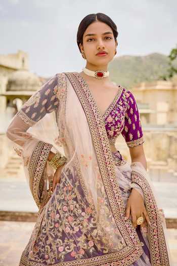 Kalighata Purple Silk V-neck Yamuna Lehenga Set Online at Aza Fashions Kalighata_Purple Silk V-neck Yamuna Lehenga Set _Online_at_Aza_Fashions