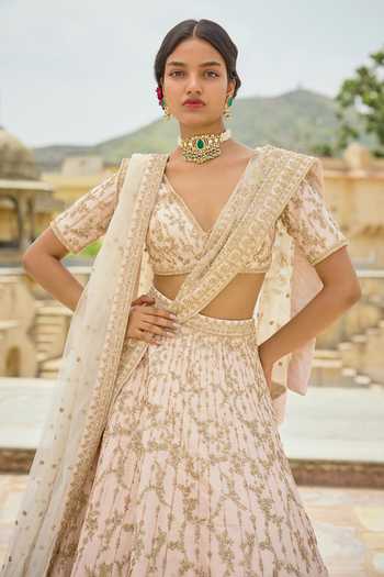 Kalighata Pink Silk V-neck Yukti Bridal Lehenga Set Online at Aza Fashions Kalighata_Pink Silk V-neck Yukti Bridal Lehenga Set _Online_at_Aza_Fashions