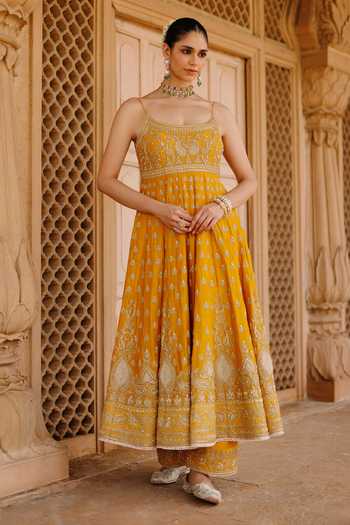 Buy_Sheetal Batra_Yellow , Chanderi, Organza Afraa Embroidered Anarkali Palazzo Set _Online_at_Aza_Fashions