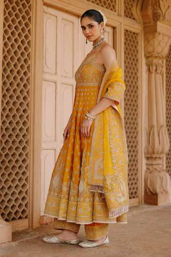 Shop_Sheetal Batra_Yellow , Chanderi, Organza Afraa Embroidered Anarkali Palazzo Set _Online_at_Aza_Fashions
