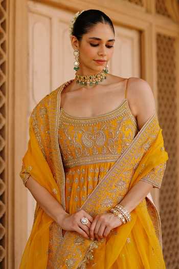 Sheetal Batra_Yellow , Chanderi, Organza Afraa Embroidered Anarkali Palazzo Set _at_Aza_Fashions