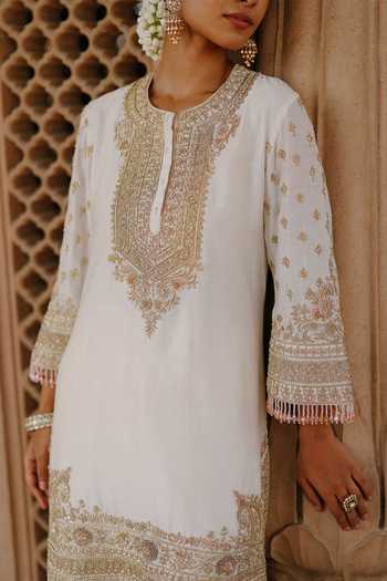 Shop Sheetal Batra Ivory , Chanderi, Satin, Ansha Short Embroidered Kurta Salwar Set Online at Aza Fashions Shop_Sheetal Batra_Ivory , Chanderi, Satin, Ansha Short Embroidered Kurta Salwar Set _Online_at_Aza_Fashions
