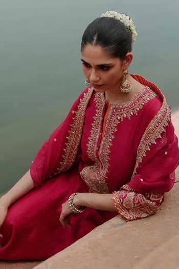 Sheetal Batra_Pink , Chanderi, Satin, Organza Arwa Embroidered Long Kurta Salwar Set _Online_at_Aza_Fashions
