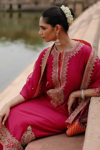 Buy_Sheetal Batra_Pink , Chanderi, Satin, Organza Arwa Embroidered Long Kurta Salwar Set _Online_at_Aza_Fashions