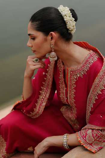 Sheetal Batra_Pink , Chanderi, Satin, Organza Arwa Embroidered Long Kurta Salwar Set _at_Aza_Fashions