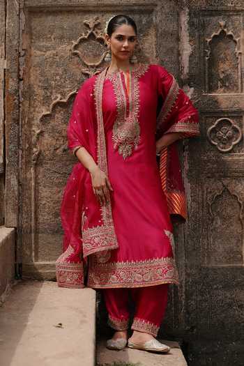 Shop_Sheetal Batra_Pink , Chanderi, Satin, Organza Arwa Embroidered Long Kurta Salwar Set 