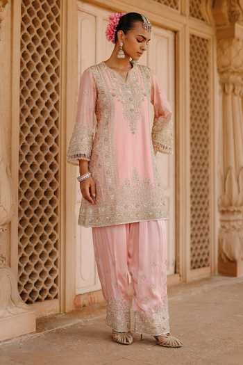 Buy Sheetal Batra Pink , Chanderi, Satin, Elaya Embroidered Short Kurta Salwar Set Online at Aza Fashions Buy_Sheetal Batra_Pink , Chanderi, Satin, Elaya Embroidered Short Kurta Salwar Set _Online_at_Aza_Fashions