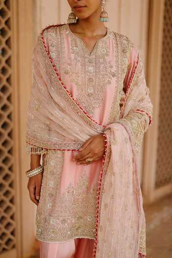 Shop Sheetal Batra Pink , Chanderi, Satin, Elaya Embroidered Short Kurta Salwar Set Online at Aza Fashions Shop_Sheetal Batra_Pink , Chanderi, Satin, Elaya Embroidered Short Kurta Salwar Set _Online_at_Aza_Fashions