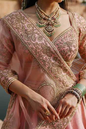 Sheetal Batra Pink , Organza Sweetheart Neck Jannah Embroidered Raw Lehenga Set at Aza Fashions Sheetal Batra_Pink , Organza Sweetheart Neck Jannah Embroidered Raw Lehenga Set _at_Aza_Fashions