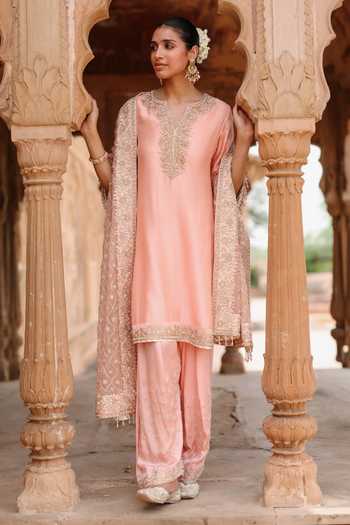 Shop Sheetal Batra Pink Chanderi , Satin, Maham Embroidered Short Anarkali Salwar Set Online at Aza Fashions Shop_Sheetal Batra_Pink Chanderi , Satin, Maham Embroidered Short Anarkali Salwar Set _Online_at_Aza_Fashions