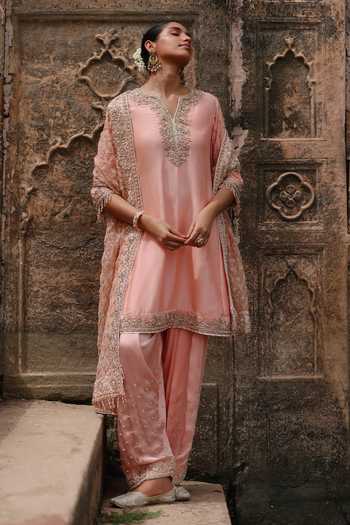Shop Sheetal Batra Pink Chanderi , Satin, Maham Embroidered Short Anarkali Salwar Set Shop_Sheetal Batra_Pink Chanderi , Satin, Maham Embroidered Short Anarkali Salwar Set