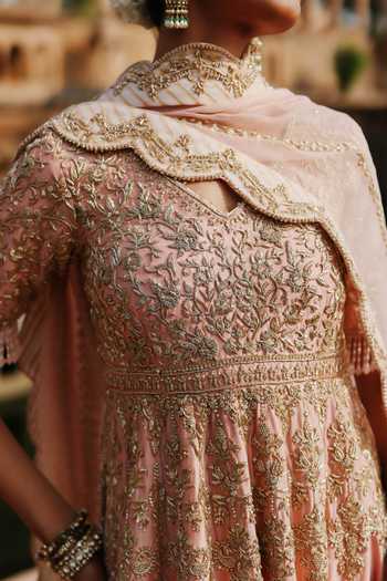 Shop Sheetal Batra Peach , Chanderi, Organza Mahrosh Embroidered Kalidar Anarkali Set Online at Aza Fashions Shop_Sheetal Batra_Peach , Chanderi, Organza Mahrosh Embroidered Kalidar Anarkali Set _Online_at_Aza_Fashions