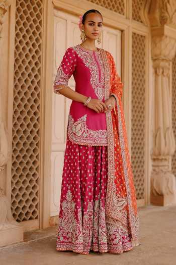 Shop Sheetal Batra Pink , Chanderi, Organza Round Maysam Embroidered Kurta Sharara Set Online at Aza Fashions Shop_Sheetal Batra_Pink , Chanderi, Organza Round Maysam Embroidered Kurta Sharara Set _Online_at_Aza_Fashions