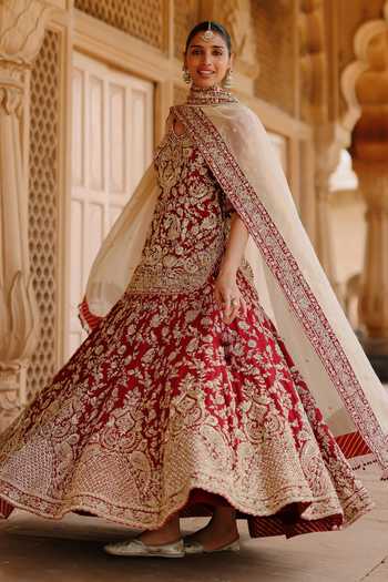 Buy Sheetal Batra Red Silk, Chanderi, Tissue V-neck Merab Embroidered Kurta Lehenga Set Online at Aza Fashions Buy_Sheetal Batra_Red Silk, Chanderi, Tissue V-neck Merab Embroidered Kurta Lehenga Set _Online_at_Aza_Fashions