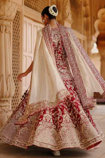 Shop Sheetal Batra Red Silk, Chanderi, Tissue V-neck Merab Embroidered Kurta Lehenga Set Online at Aza Fashions Shop_Sheetal Batra_Red Silk, Chanderi, Tissue V-neck Merab Embroidered Kurta Lehenga Set _Online_at_Aza_Fashions