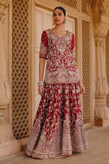 Sheetal Batra Red Silk, Chanderi, Tissue V-neck Merab Embroidered Kurta Lehenga Set at Aza Fashions Sheetal Batra_Red Silk, Chanderi, Tissue V-neck Merab Embroidered Kurta Lehenga Set _at_Aza_Fashions