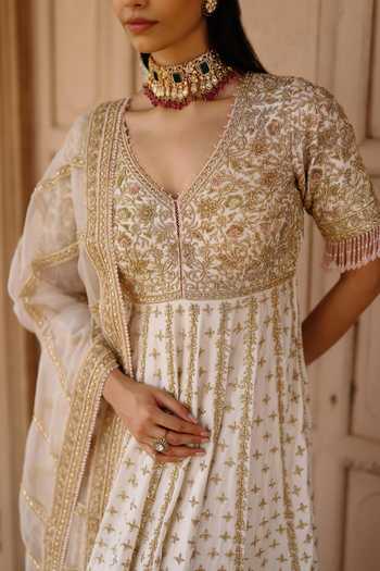 Sheetal Batra Ivory Chanderi , Organza V-neck Nafees Embroidered Kalidar Anarkali Set at Aza Fashions Sheetal Batra_Ivory Chanderi , Organza V-neck Nafees Embroidered Kalidar Anarkali Set _at_Aza_Fashions