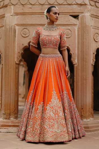 Shop Sheetal Batra Orange , Organza Square Neck Nagma Embroidered Raw Lehenga Set Online at Aza Fashions Shop_Sheetal Batra_Orange , Organza Square Neck Nagma Embroidered Raw Lehenga Set _Online_at_Aza_Fashions