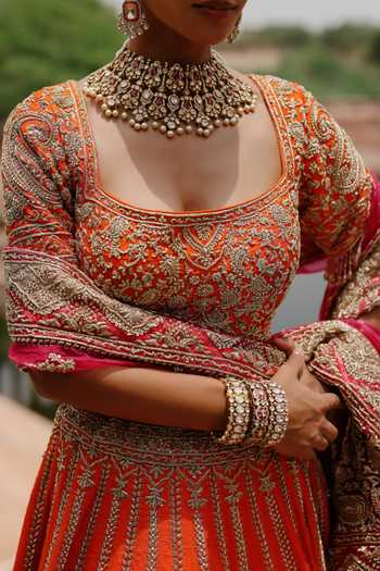 Shop Sheetal Batra Orange , Organza Square Neck Nagma Embroidered Raw Lehenga Set Shop_Sheetal Batra_Orange , Organza Square Neck Nagma Embroidered Raw Lehenga Set