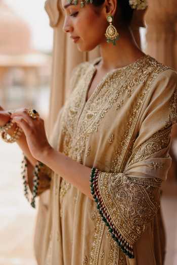 Sheetal Batra Gold Silk, Tissue Split V-neck Nazaara Embroidered Kalidar Chauga Set Online at Aza Fashions Sheetal Batra_Gold Silk, Tissue Split V-neck Nazaara Embroidered Kalidar Chauga Set _Online_at_Aza_Fashions