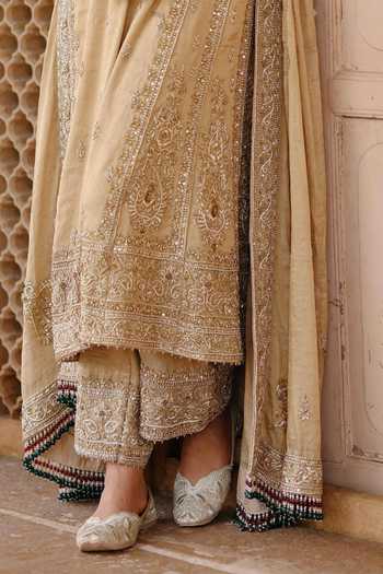 Shop Sheetal Batra Gold Silk, Tissue Split V-neck Nazaara Embroidered Kalidar Chauga Set Online at Aza Fashions Shop_Sheetal Batra_Gold Silk, Tissue Split V-neck Nazaara Embroidered Kalidar Chauga Set _Online_at_Aza_Fashions