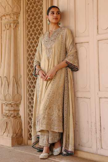 Sheetal Batra Gold Silk, Tissue Split V-neck Nazaara Embroidered Kalidar Chauga Set at Aza Fashions Sheetal Batra_Gold Silk, Tissue Split V-neck Nazaara Embroidered Kalidar Chauga Set _at_Aza_Fashions