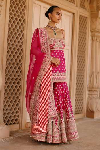 Shop Sheetal Batra Pink , , Chanderi, Nisbat Embroidered Kurta Gharara Set Shop_Sheetal Batra_Pink , , Chanderi, Nisbat Embroidered Kurta Gharara Set