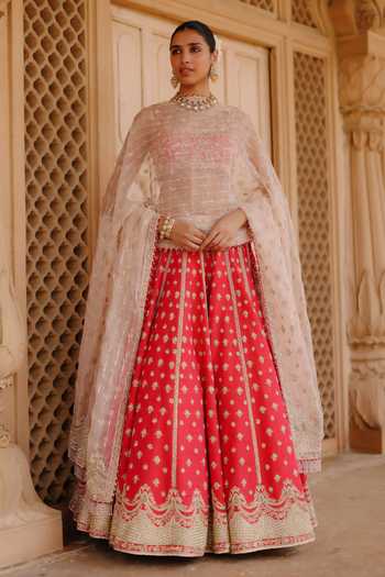 Shop Sheetal Batra Pink , Organza Scoop Neck Noorbano Embroidered Raw Lehenga Set Online at Aza Fashions Shop_Sheetal Batra_Pink , Organza Scoop Neck Noorbano Embroidered Raw Lehenga Set _Online_at_Aza_Fashions