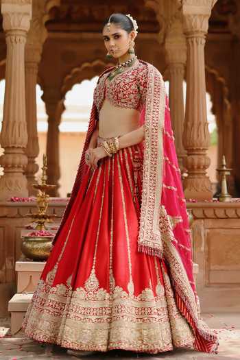 Buy Sheetal Batra Red , Organza V-neck Roha Embroidered Bridal Lehenga Set Online at Aza Fashions Buy_Sheetal Batra_Red , Organza V-neck Roha Embroidered Bridal Lehenga Set _Online_at_Aza_Fashions