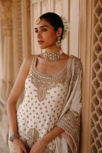 Buy Sheetal Batra Ivory Silk, Chanderi Scoop Neck Shabnam Embroidered Kurta Sharara Set Online at Aza Fashions Buy_Sheetal Batra_Ivory Silk, Chanderi Scoop Neck Shabnam Embroidered Kurta Sharara Set _Online_at_Aza_Fashions