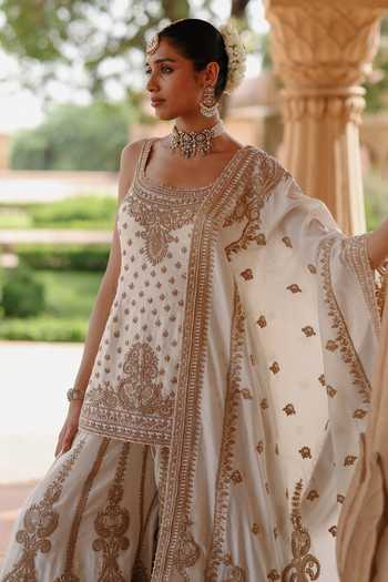 Shop Sheetal Batra Ivory Silk, Chanderi Scoop Neck Shabnam Embroidered Kurta Sharara Set Online at Aza Fashions Shop_Sheetal Batra_Ivory Silk, Chanderi Scoop Neck Shabnam Embroidered Kurta Sharara Set _Online_at_Aza_Fashions