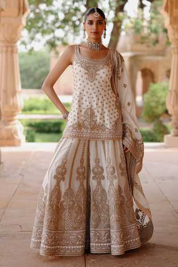 Sheetal Batra Ivory Silk, Chanderi Scoop Neck Shabnam Embroidered Kurta Sharara Set at Aza Fashions Sheetal Batra_Ivory Silk, Chanderi Scoop Neck Shabnam Embroidered Kurta Sharara Set _at_Aza_Fashions