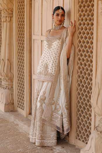 Shop Sheetal Batra Ivory Silk, Chanderi Scoop Neck Shabnam Embroidered Kurta Sharara Set Shop_Sheetal Batra_Ivory Silk, Chanderi Scoop Neck Shabnam Embroidered Kurta Sharara Set