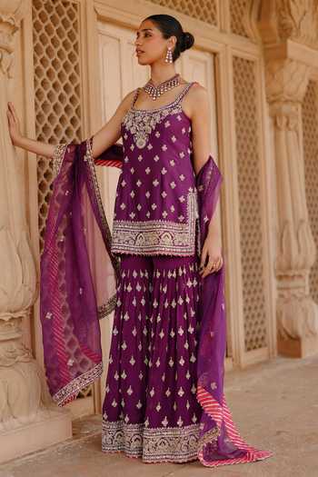 Sheetal Batra_Purple Georgette, , Chanderi, Shahbano Embroidered Kurta Gharara Set _Online_at_Aza_Fashions