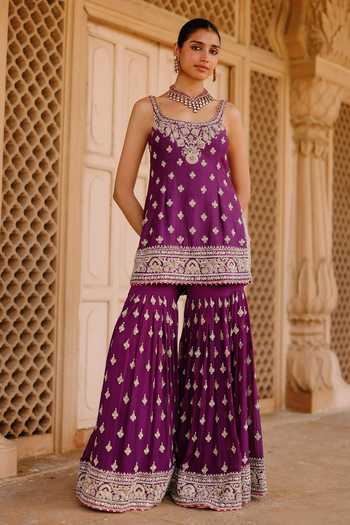 Buy_Sheetal Batra_Purple Georgette, , Chanderi, Shahbano Embroidered Kurta Gharara Set _Online_at_Aza_Fashions