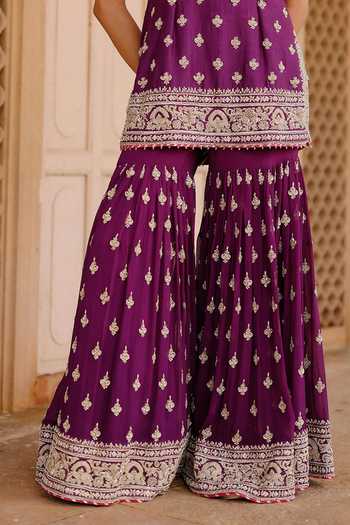 Shop_Sheetal Batra_Purple Georgette, , Chanderi, Shahbano Embroidered Kurta Gharara Set _Online_at_Aza_Fashions
