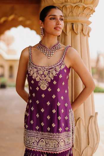 Sheetal Batra_Purple Georgette, , Chanderi, Shahbano Embroidered Kurta Gharara Set _at_Aza_Fashions