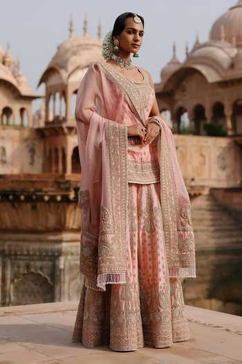 Sheetal Batra Pink , Chanderi, Organza Tasnim Embroidered Short Kurta Sharara Set Online at Aza Fashions Sheetal Batra_Pink , Chanderi, Organza Tasnim Embroidered Short Kurta Sharara Set _Online_at_Aza_Fashions