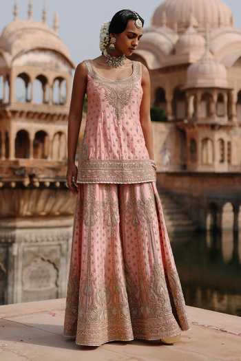 Buy Sheetal Batra Pink , Chanderi, Organza Tasnim Embroidered Short Kurta Sharara Set Online at Aza Fashions Buy_Sheetal Batra_Pink , Chanderi, Organza Tasnim Embroidered Short Kurta Sharara Set _Online_at_Aza_Fashions